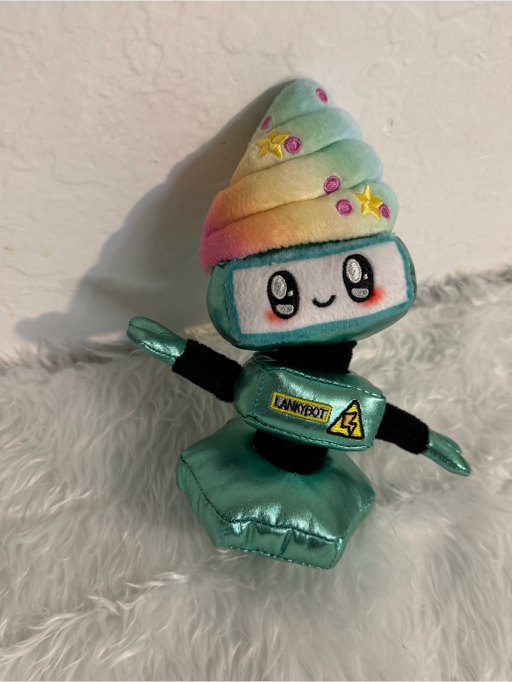 Rainbow Swirl Plush Robot - Teal and Pastel Multicolor